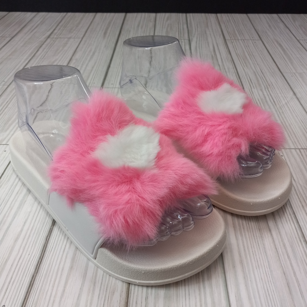 Dolls Kill Fuzzy Faux Fur Blush Faithful Flower Slide Sandals